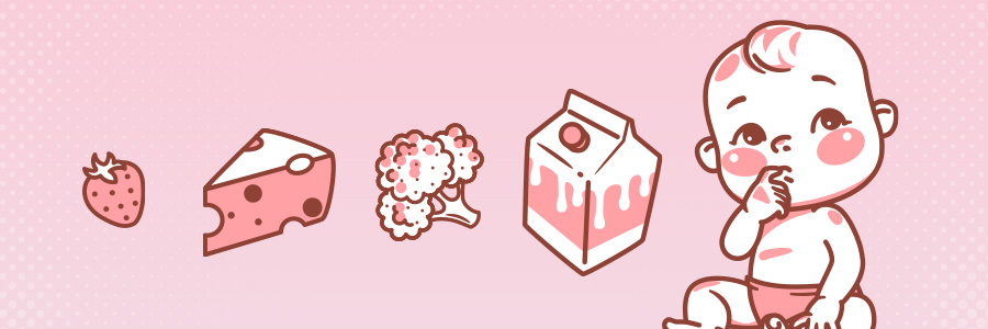 Illustration of a child sitting with fruits, vegetables, and dairy products