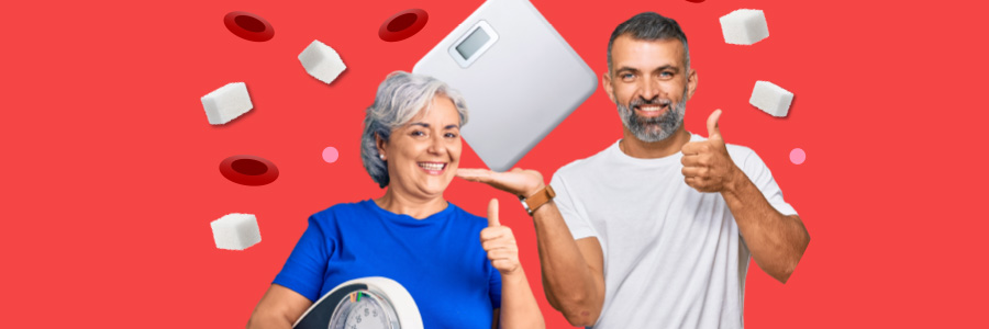 Two people giving a thumbs-up and holding weight scales