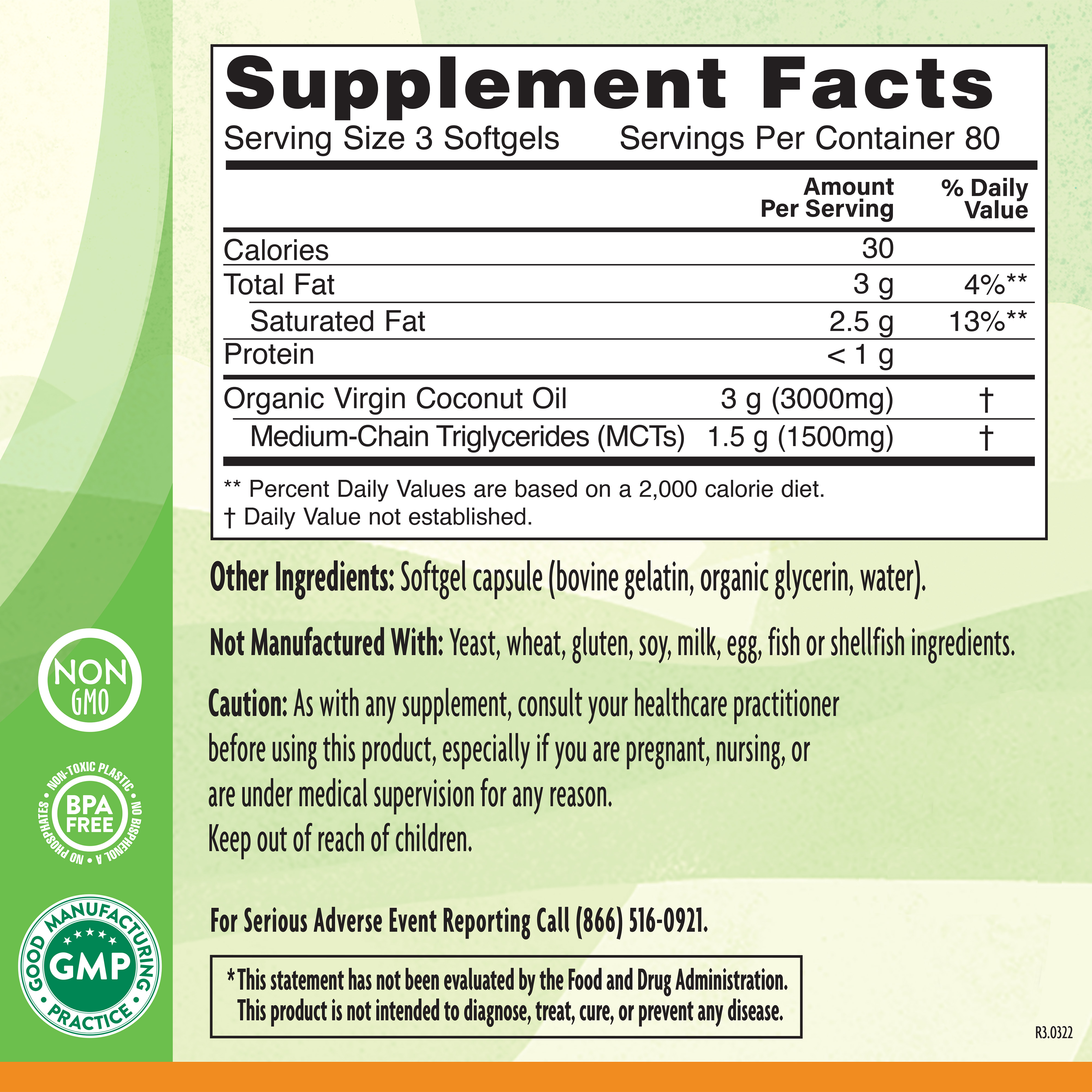 Coconut Oil 1000mg 240 Sg Supplement Facts