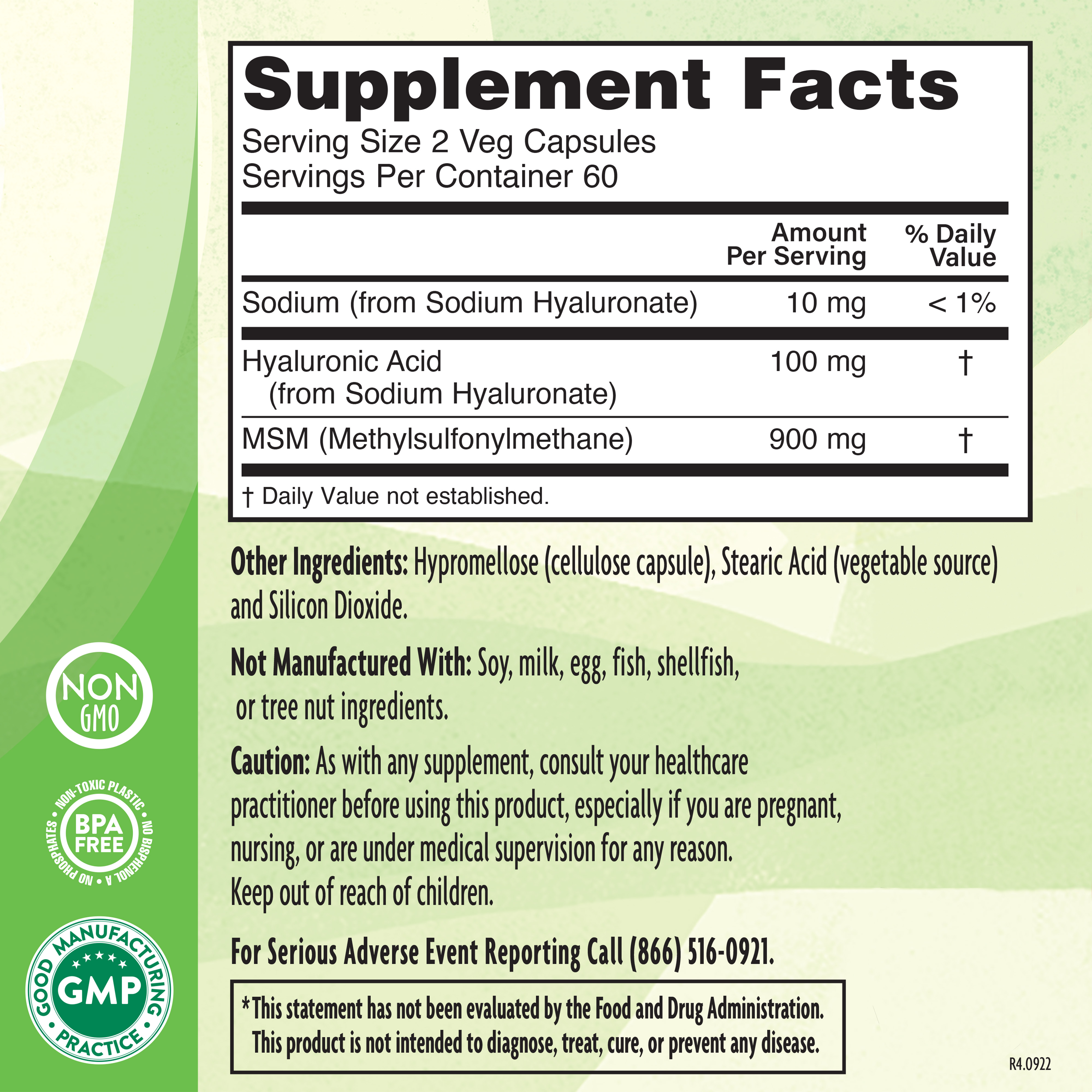 Hyaluronic Acid 50mg + Msm 120 Veg Supplement Facts