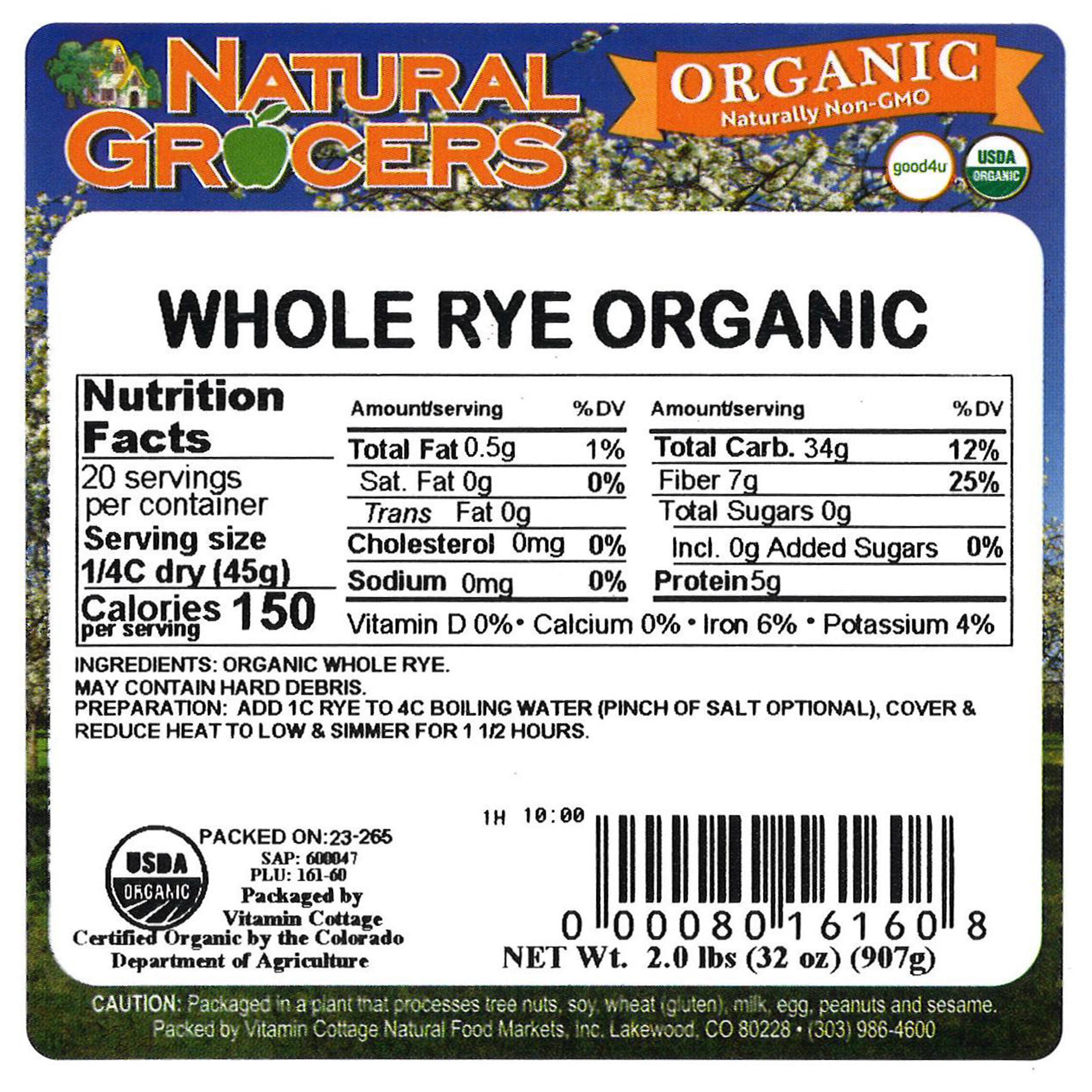 Rye Berries Whole Org 2 Lb