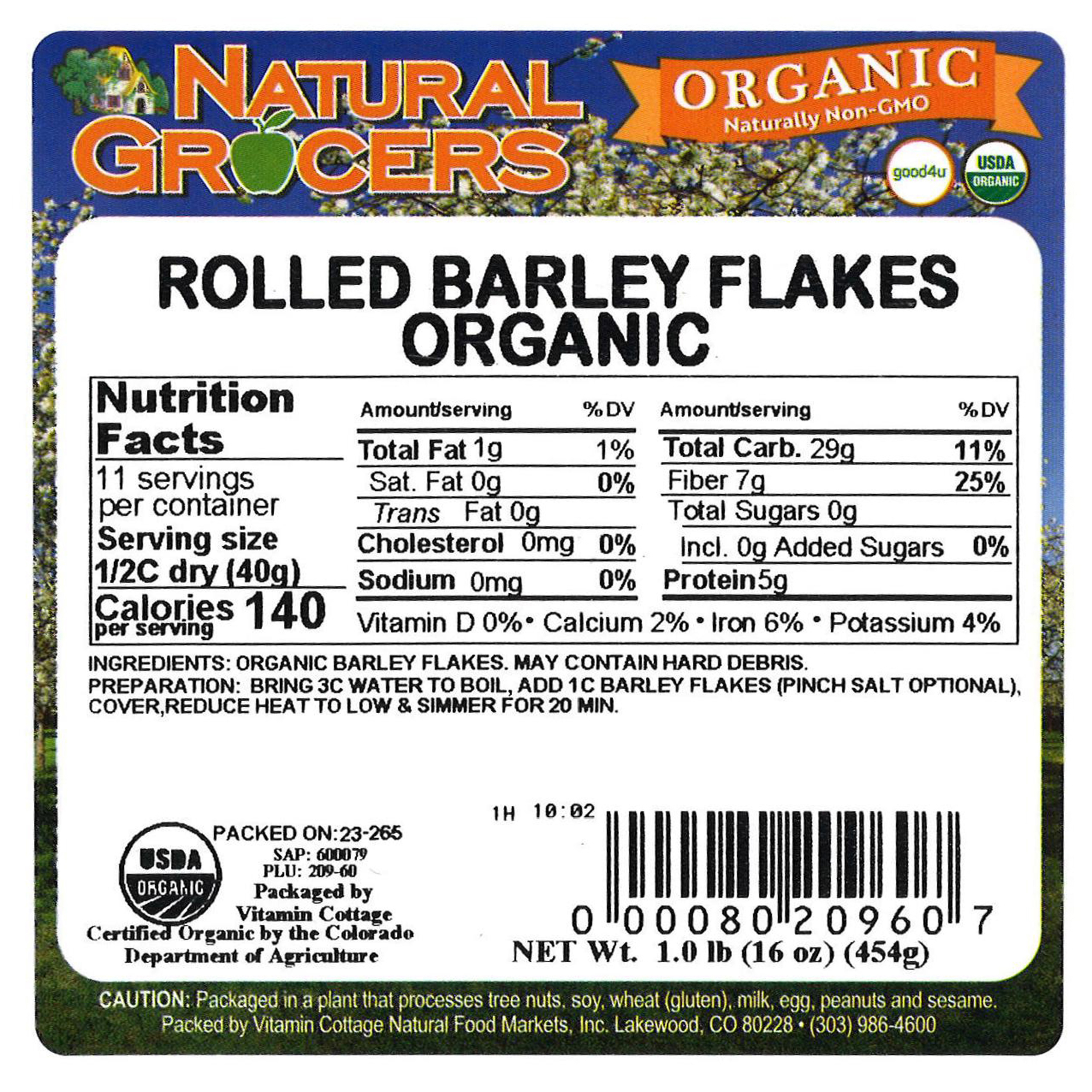 Flakes Barley Rolled Org 1 Lb