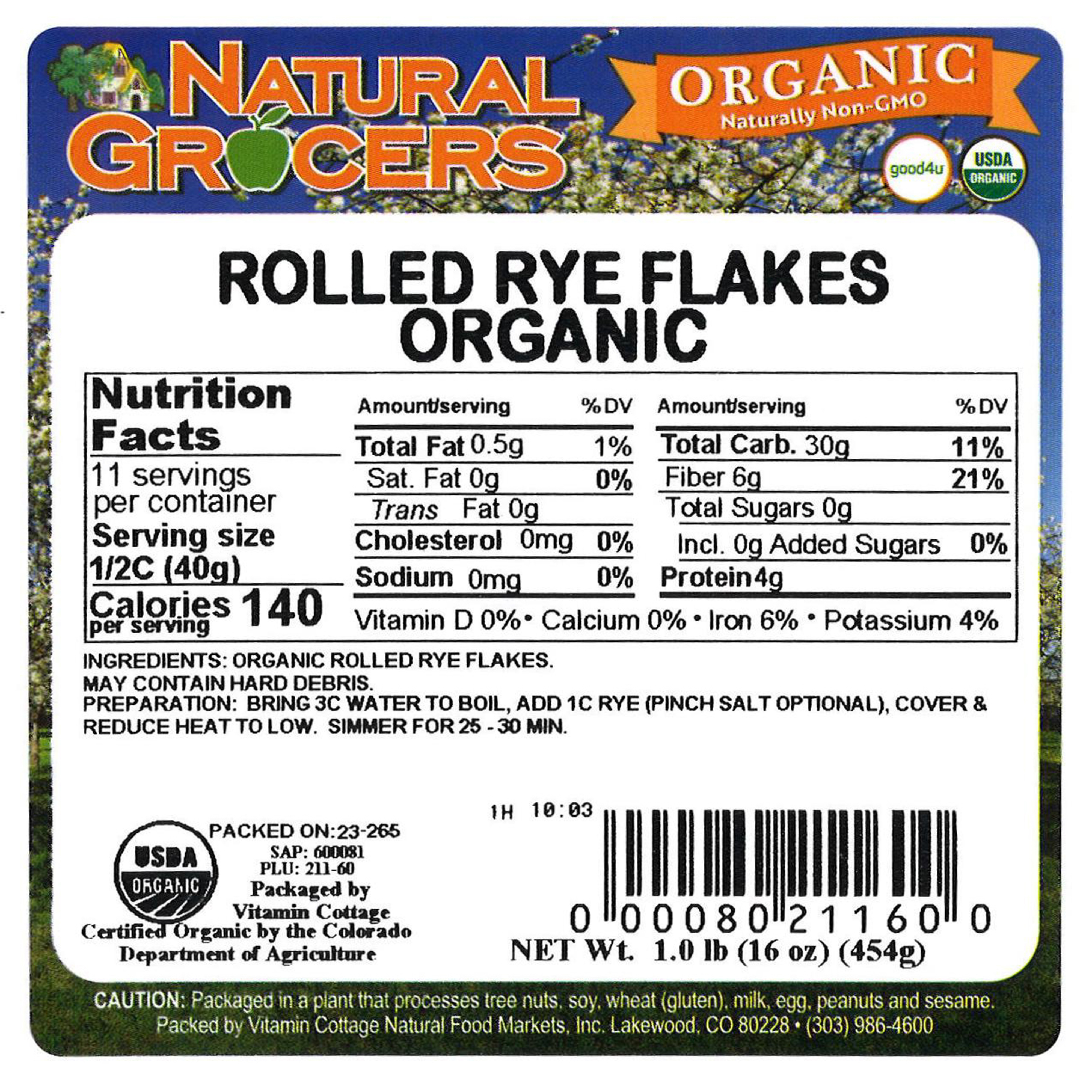 Flakes Rye Rolled Org 1 Lb