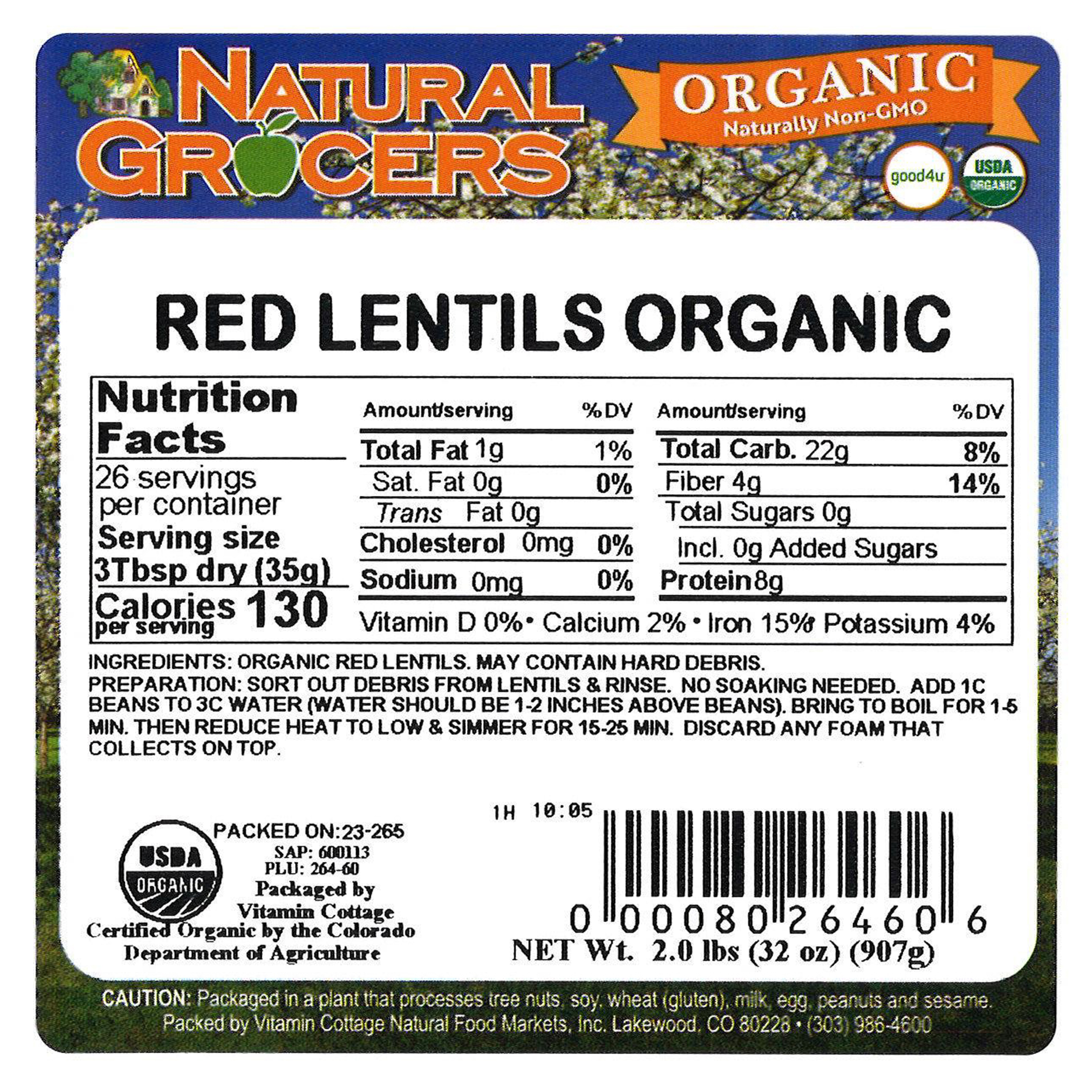 Lentils Split Red Org 2 Lb