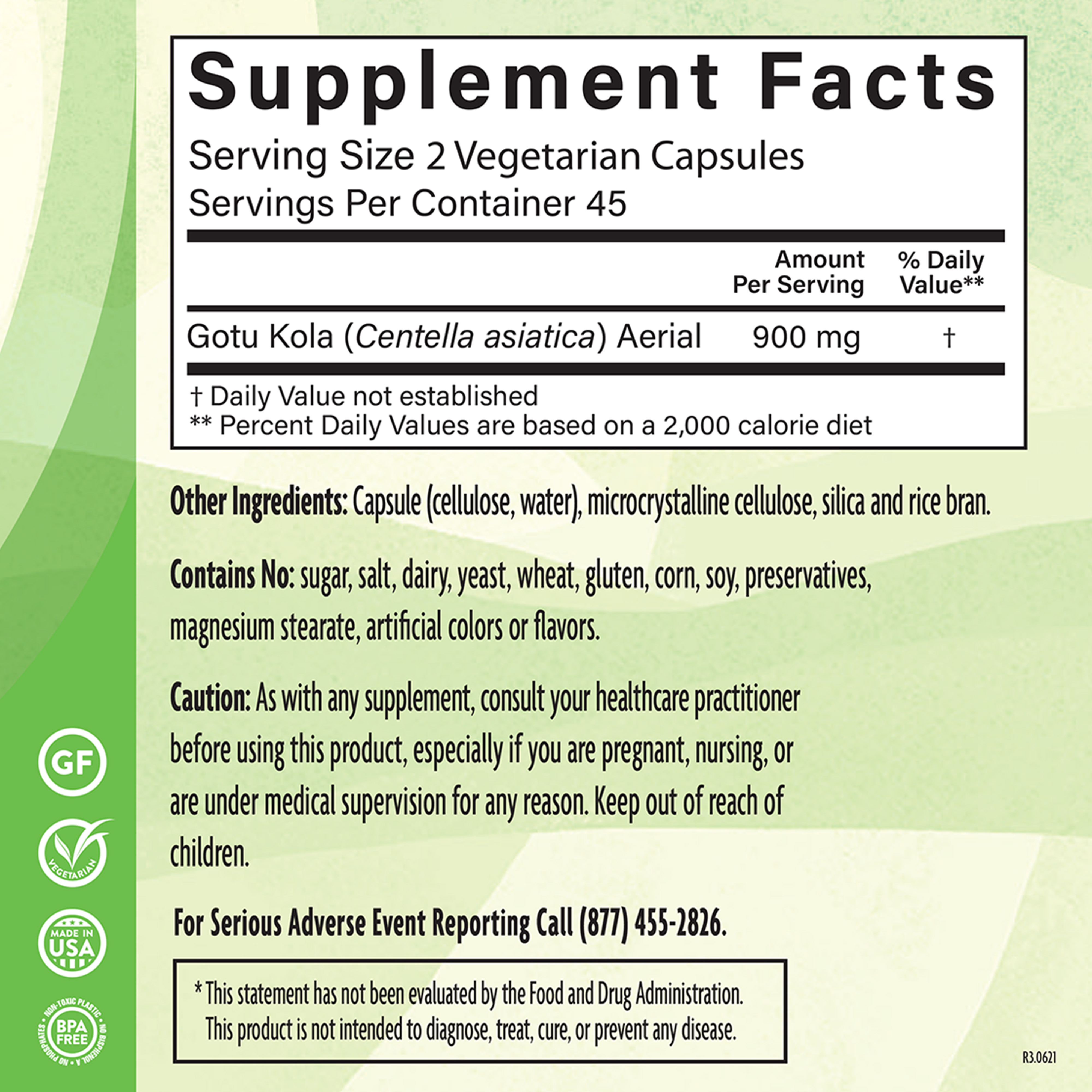 Gotu Kola 450 Mg 90 Veg Supplement Facts