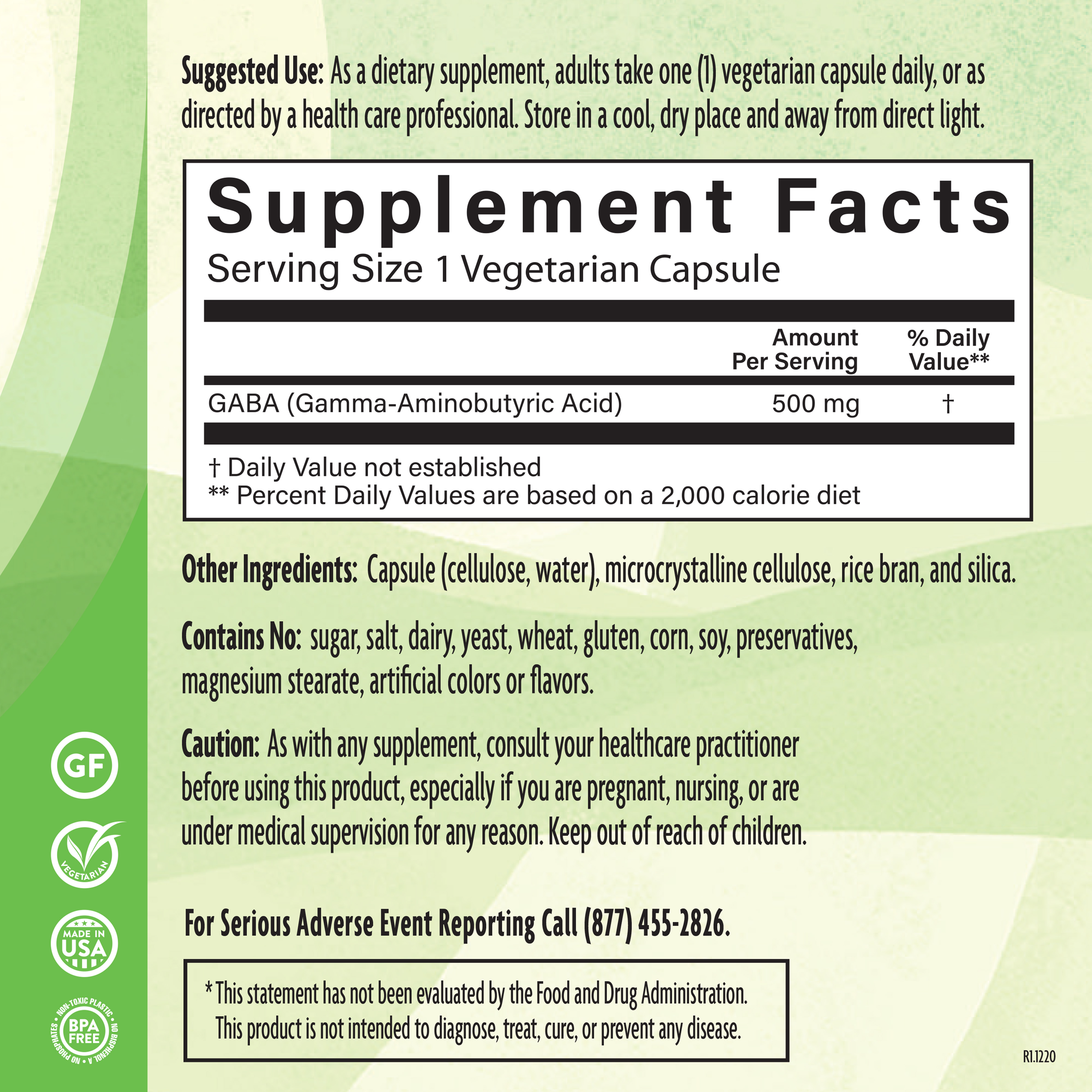 Gaba 500 Mg 90 Veg Supplement Facts