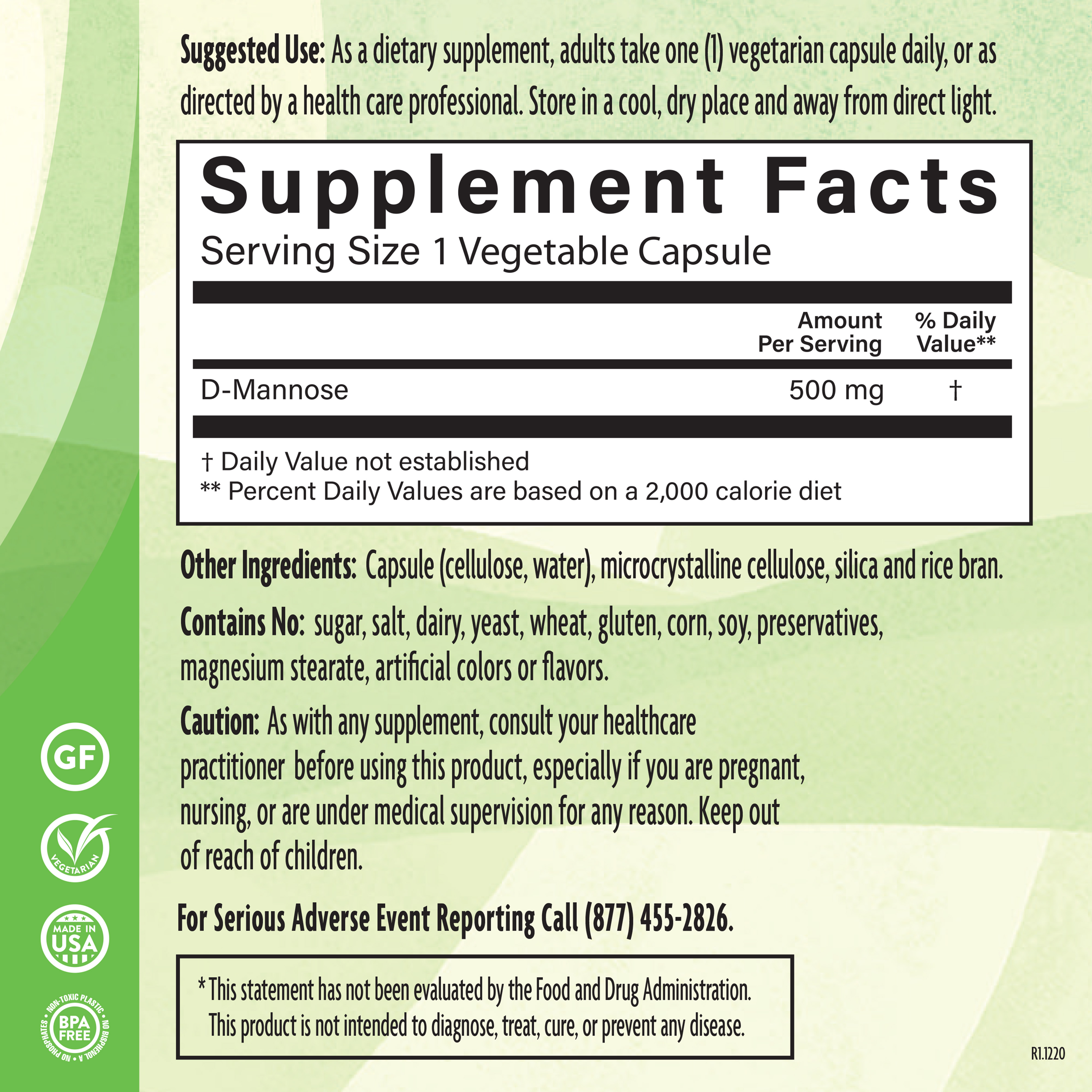 D Mannose 500 Mg 120 Veg Supplement Facts