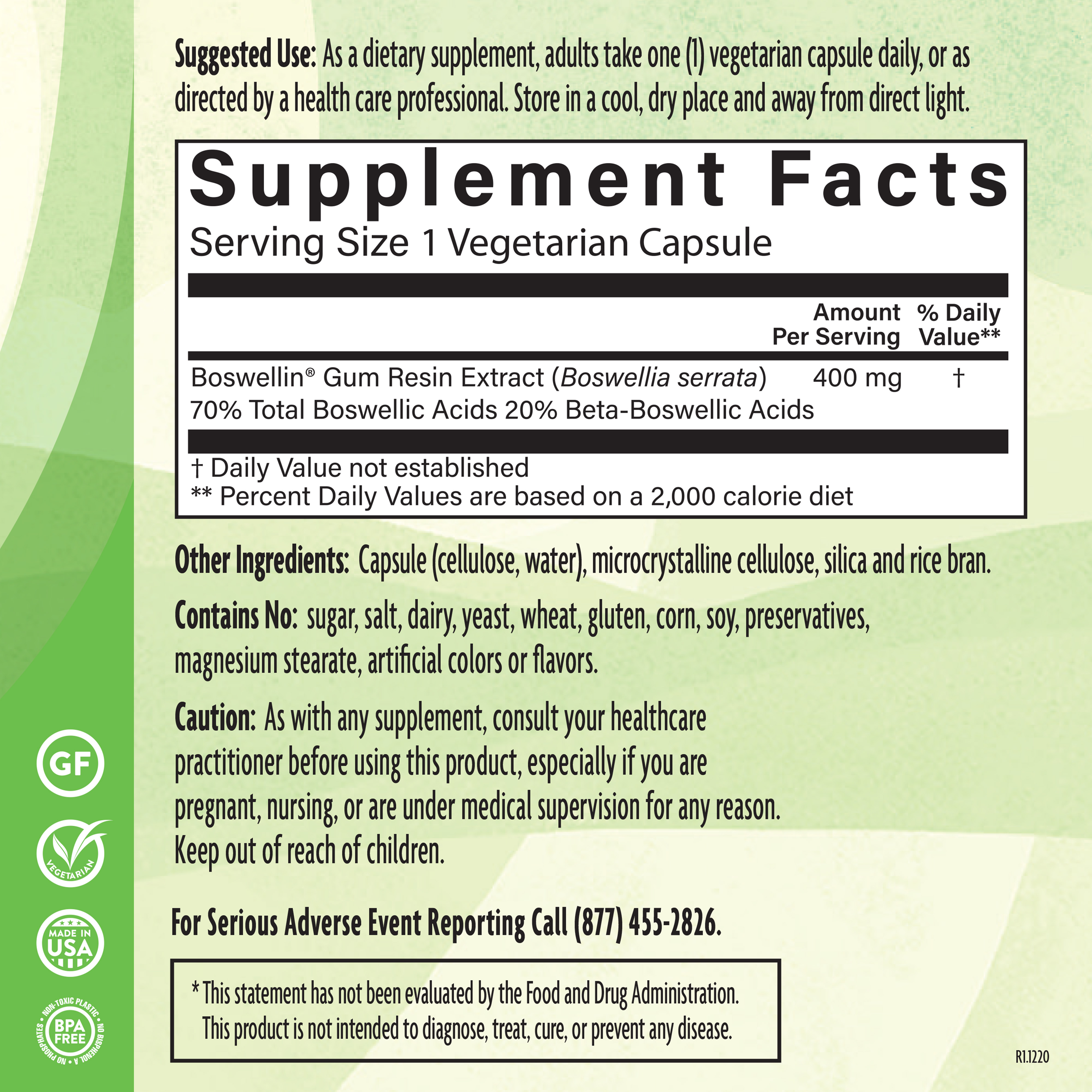 Boswellia Extract 400 Mg 90 Veg Supplement Facts