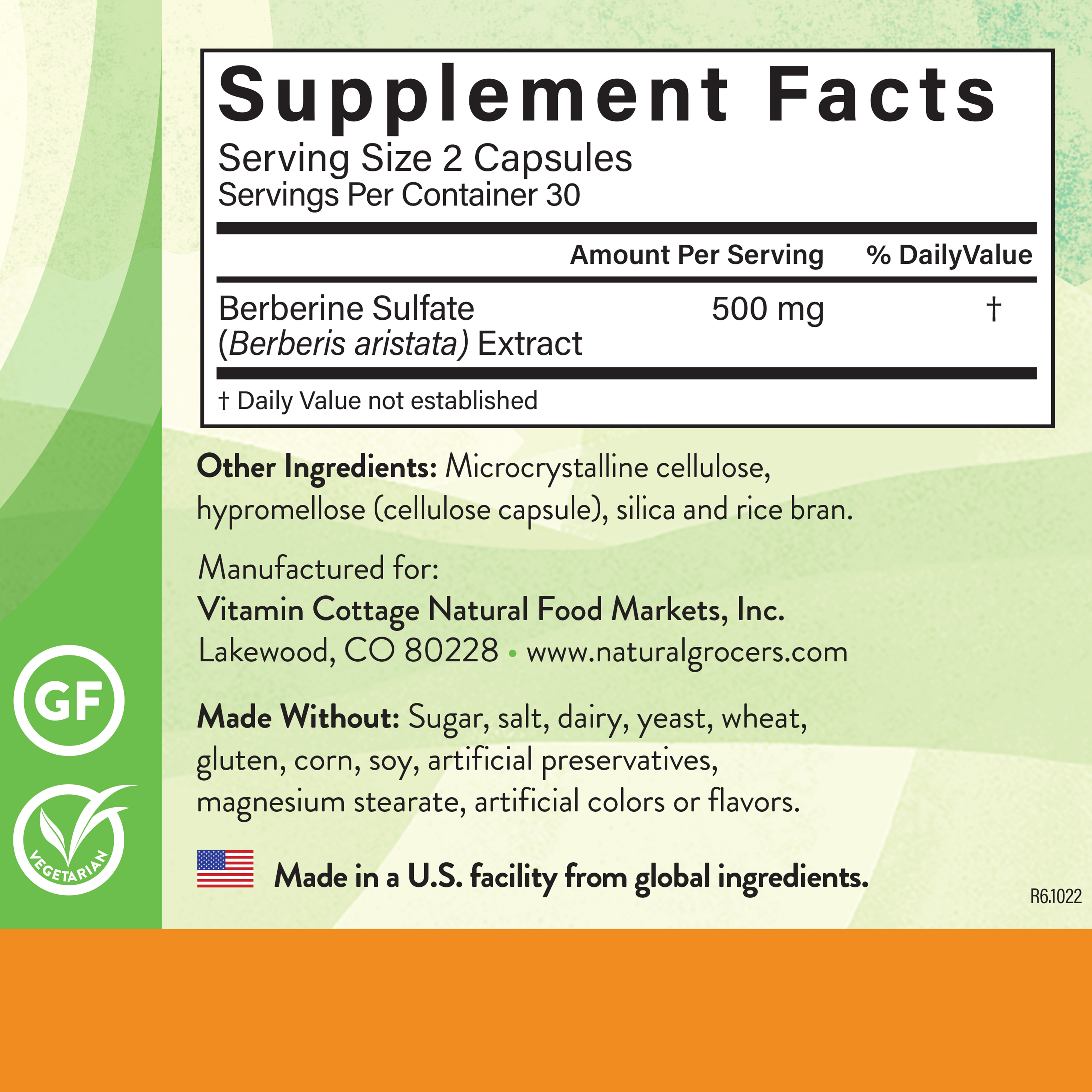 Berberine Extract 500 Mg 60 Veg Supplement Facts