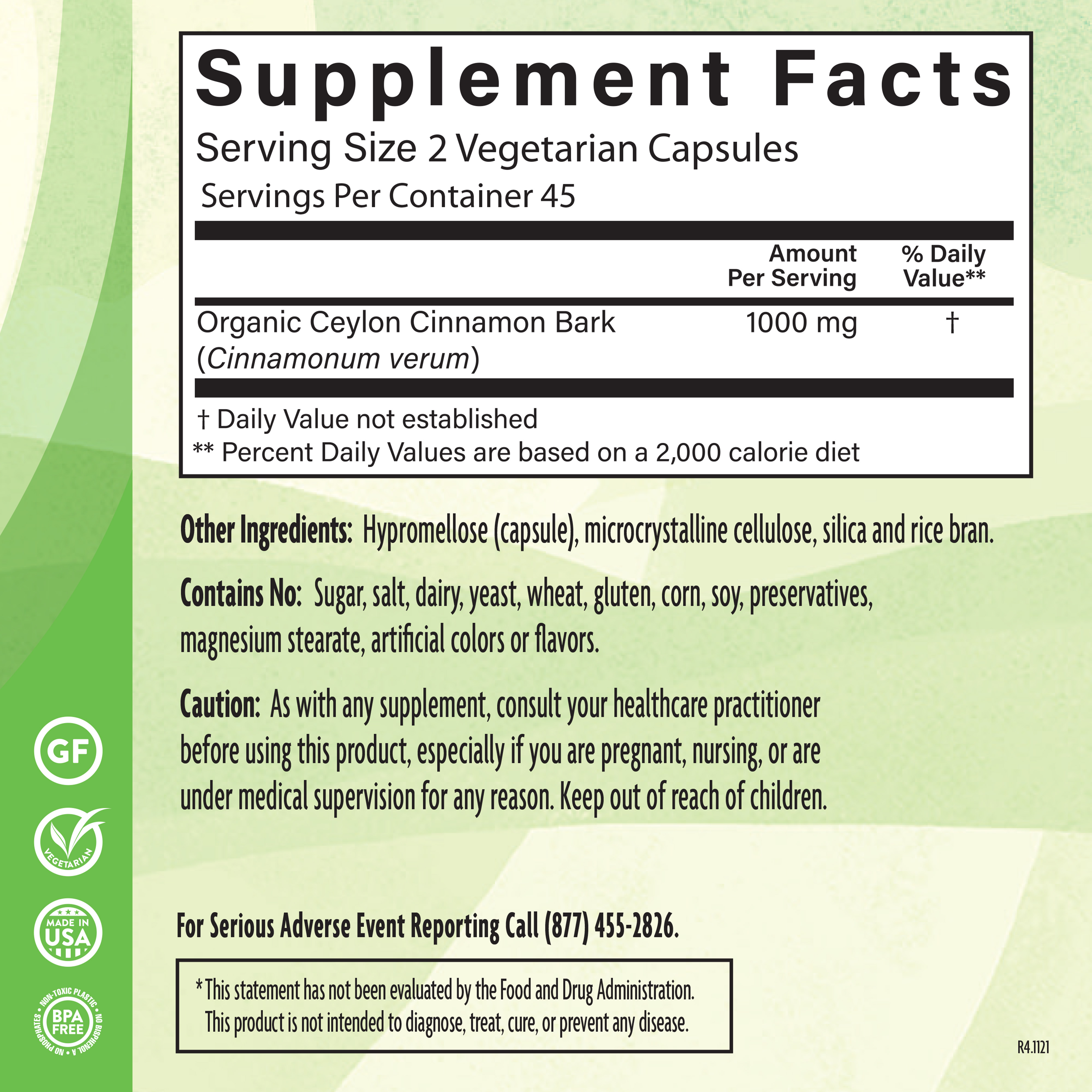 Ceylon Cinnmn 500 Mg 90 Veg Supplement Facts