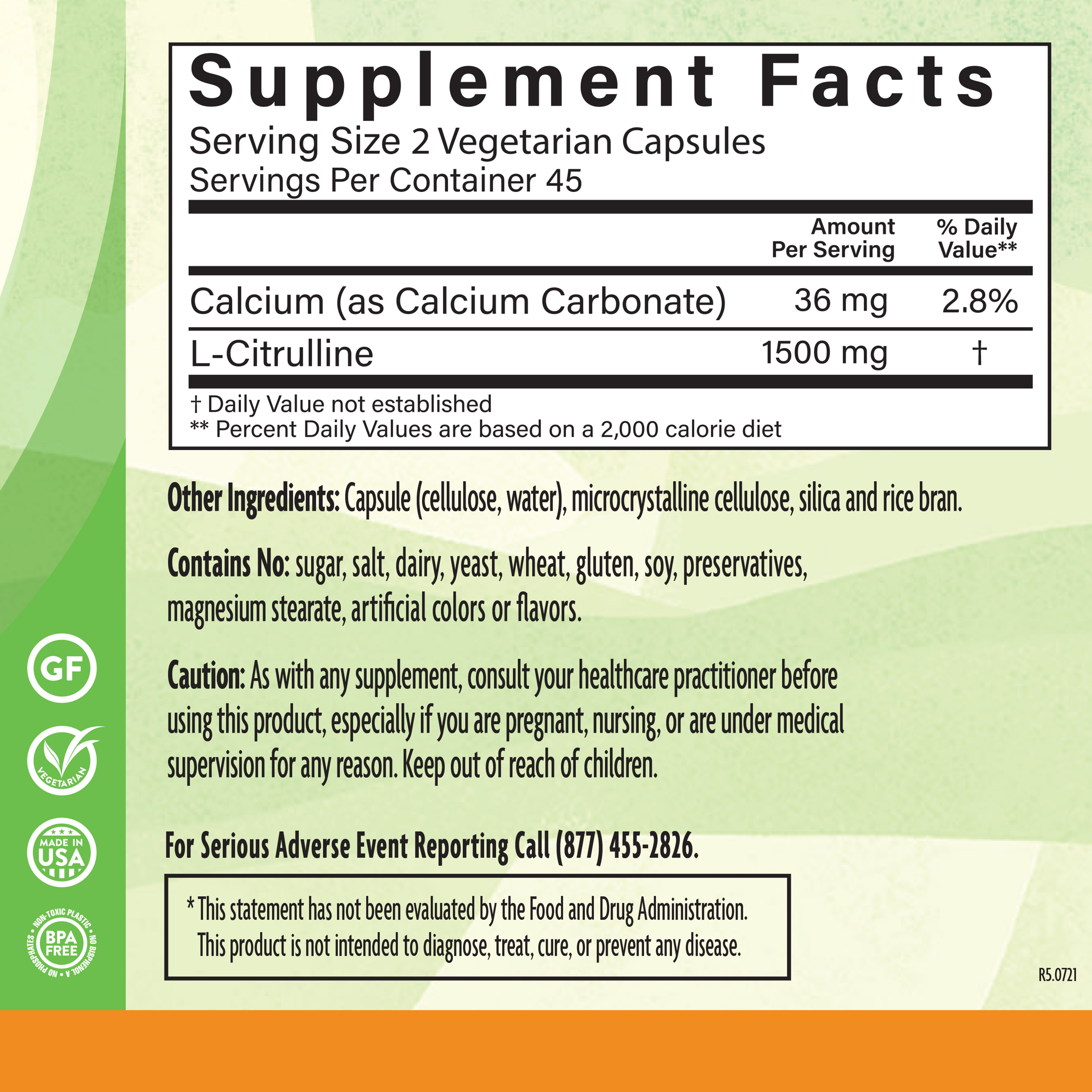 L Citrulline 750 Mg 90 Veg Supplement Facts