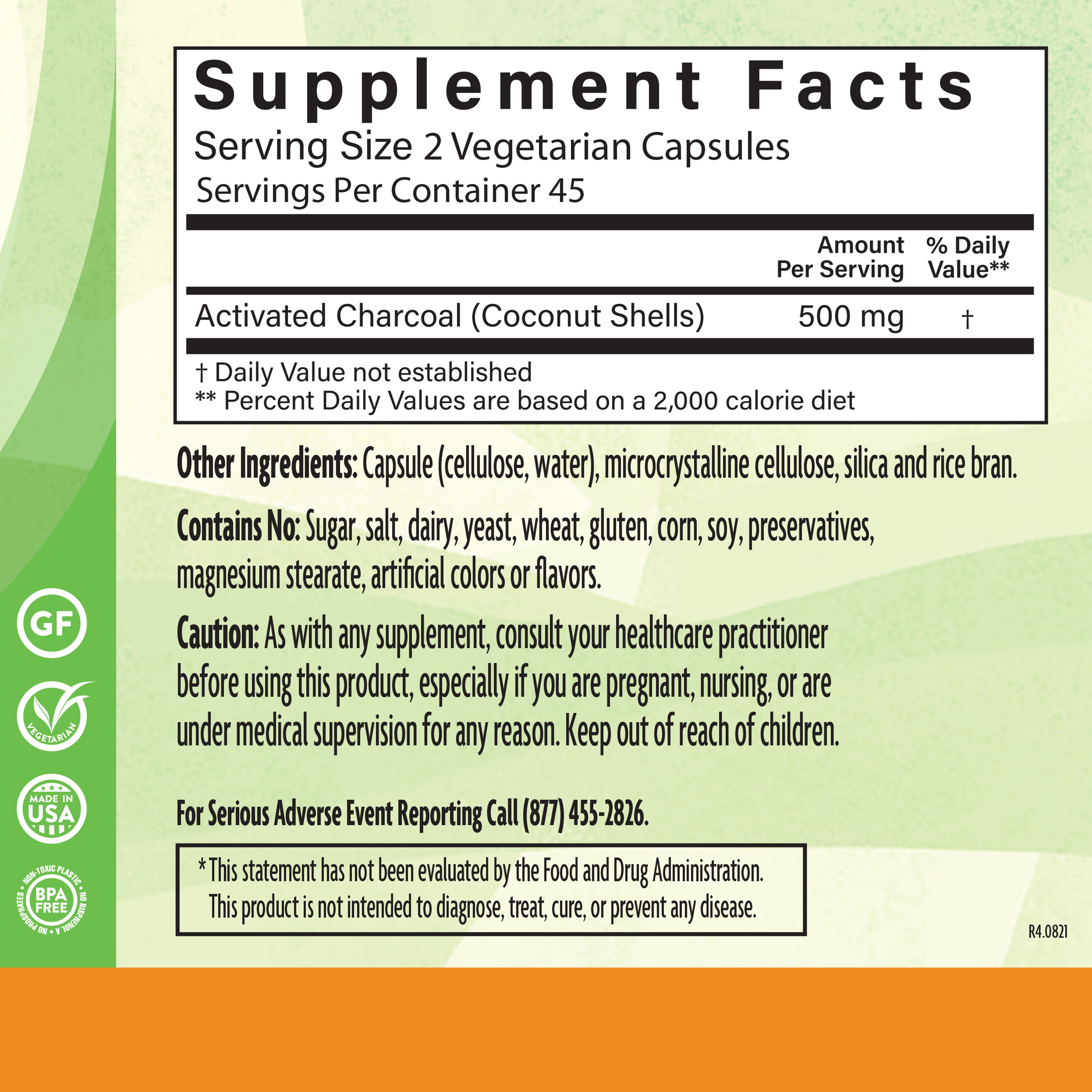 Activated Charcoal 250 Mg 90 Veg Supplement Facts