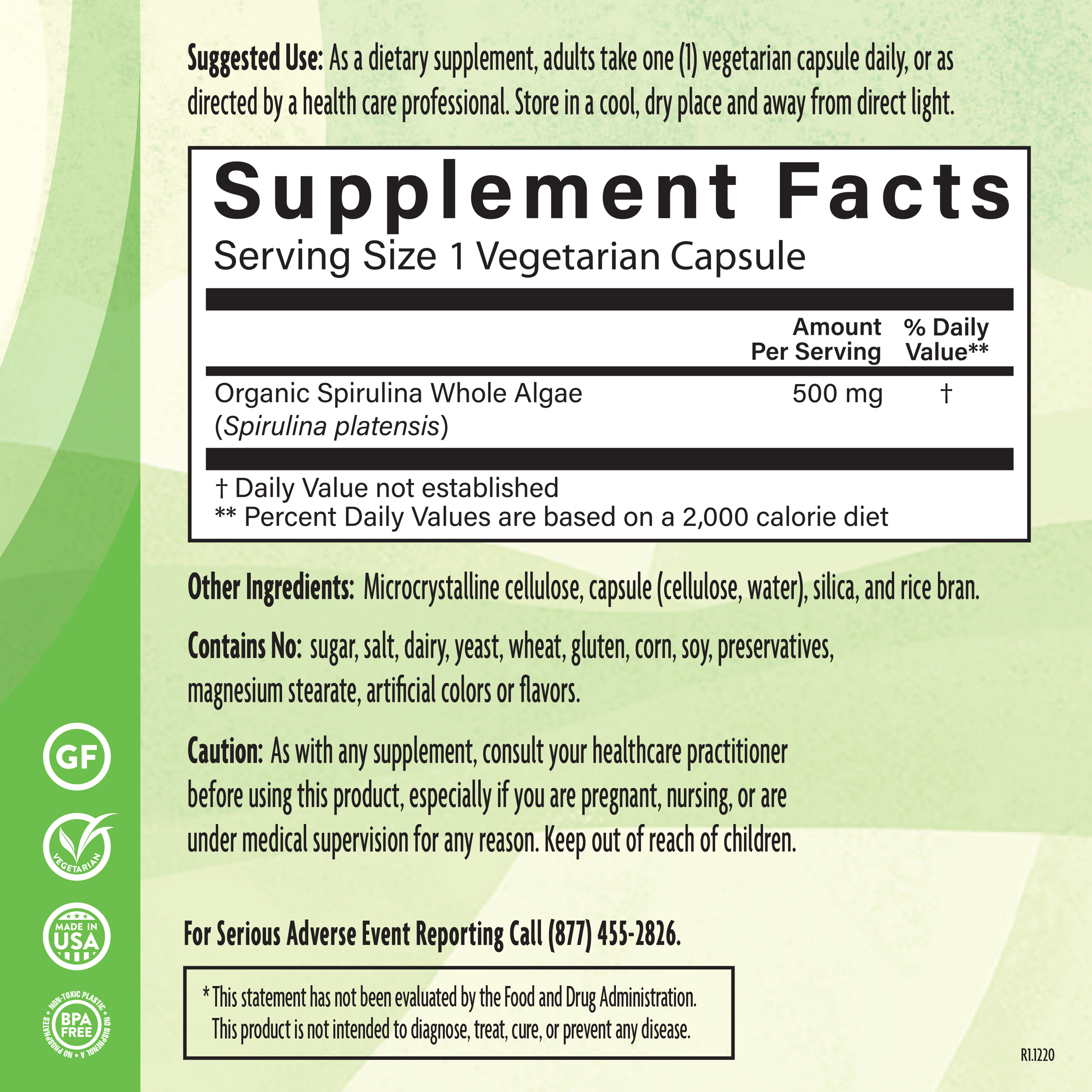 Spirulina 500 Mg 90 Veg Supplement Facts