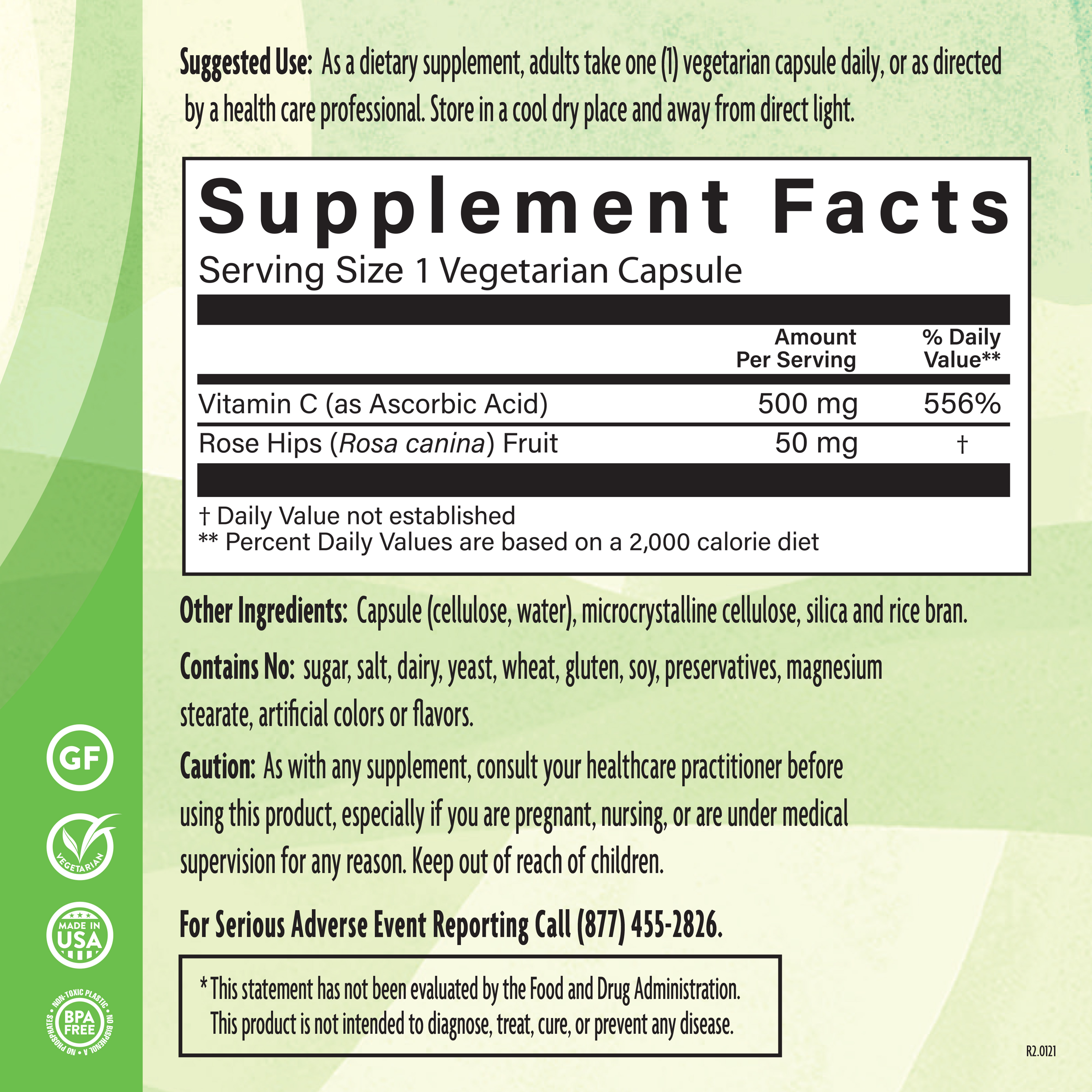 C 500 Mg W/ Rosehips 180 Veg Supplement Facts
