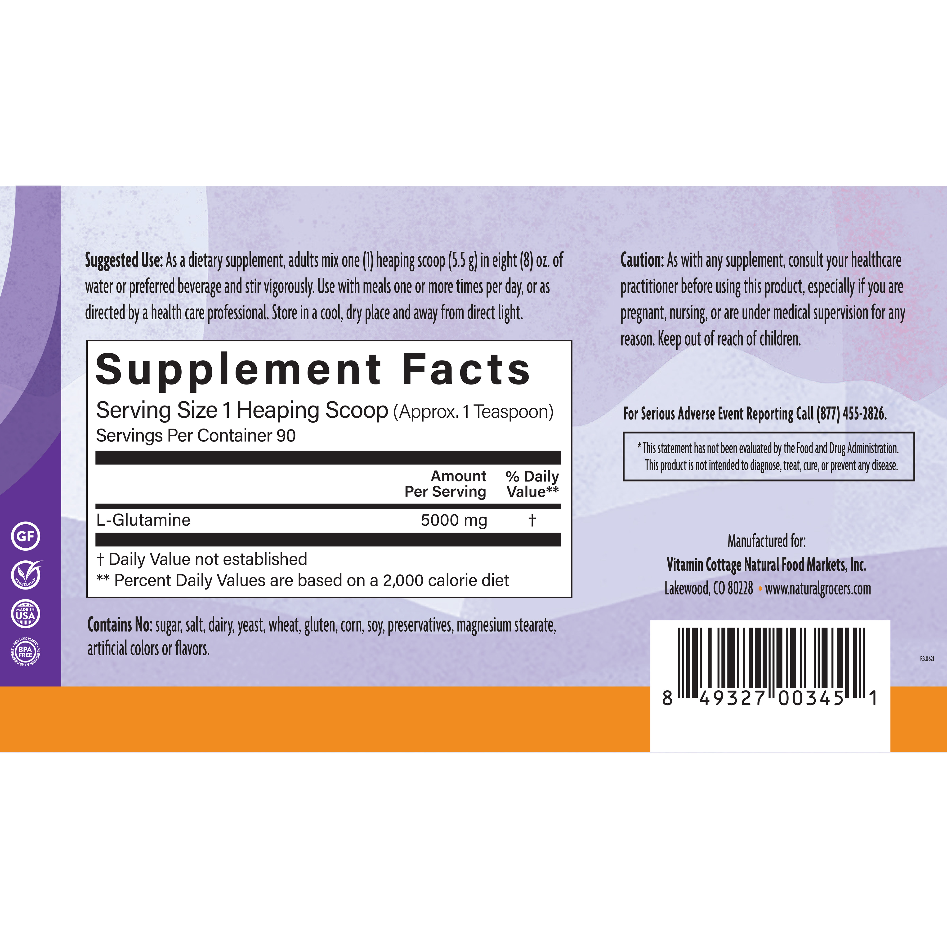 L Glutamine Powder 5000 Mg 16 Oz Supplement Facts