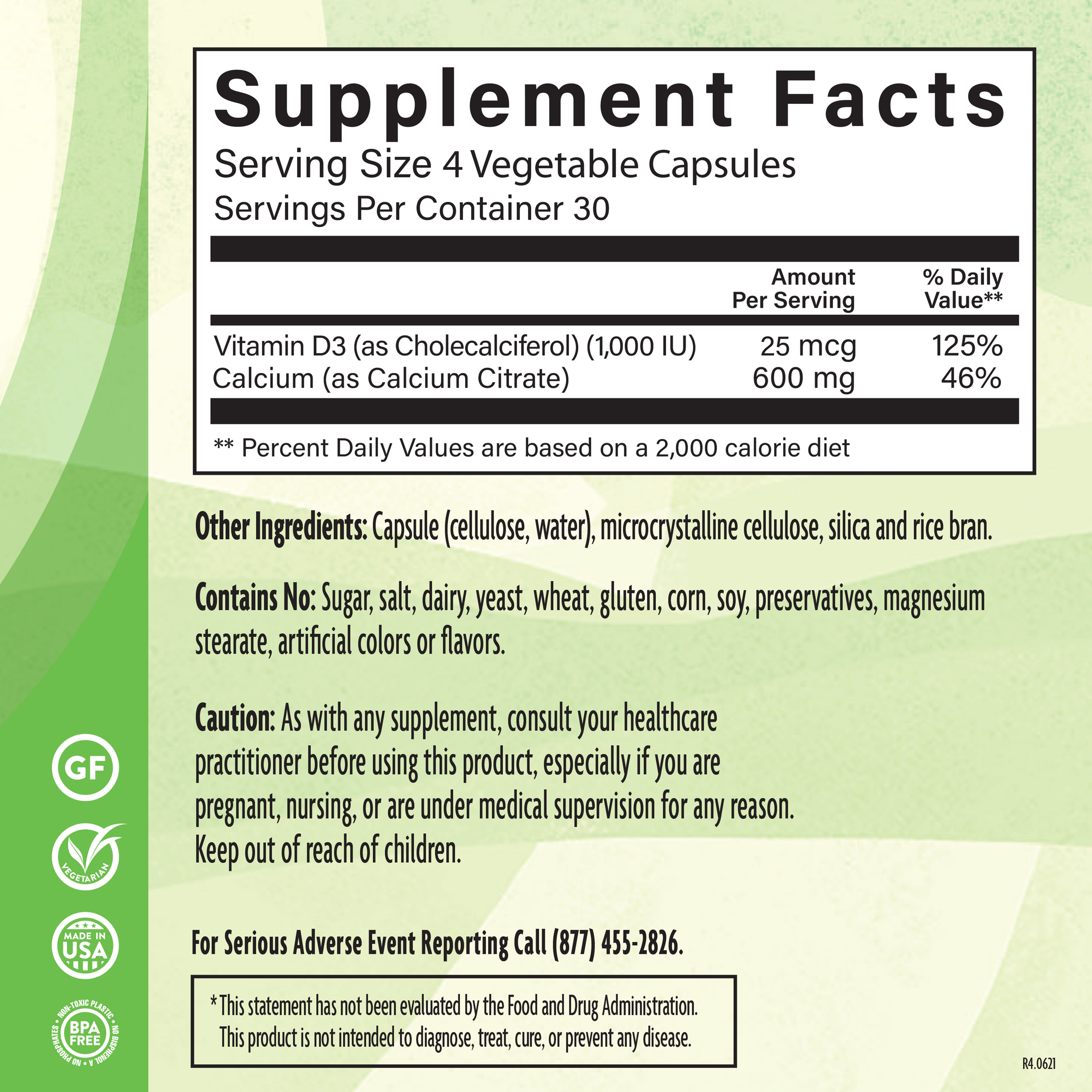 Calcium Citrate D3 120 Veg Supplement Facts