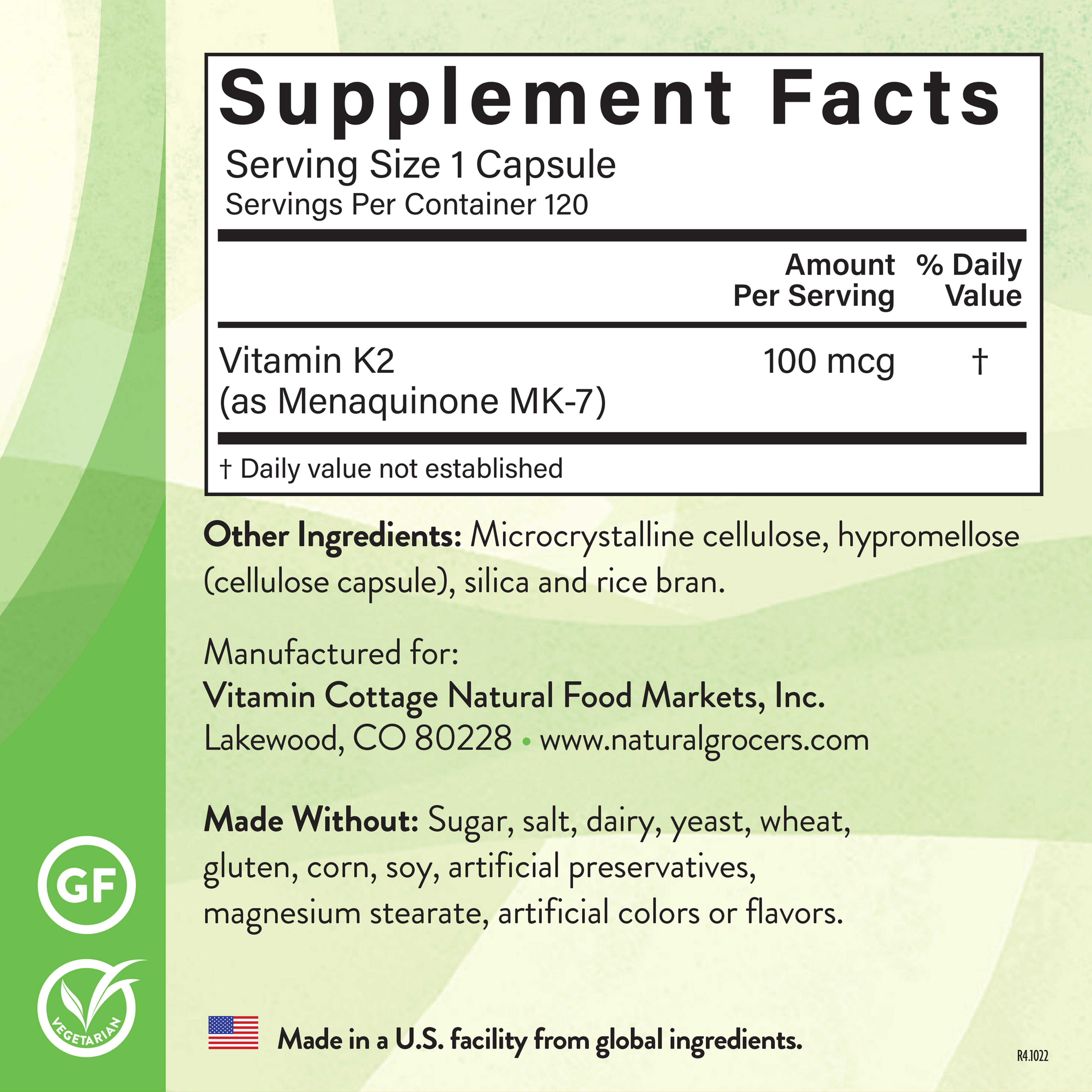 Mk 7 Vitamin K2 100 Mcg 120 Veg Supplement Facts
