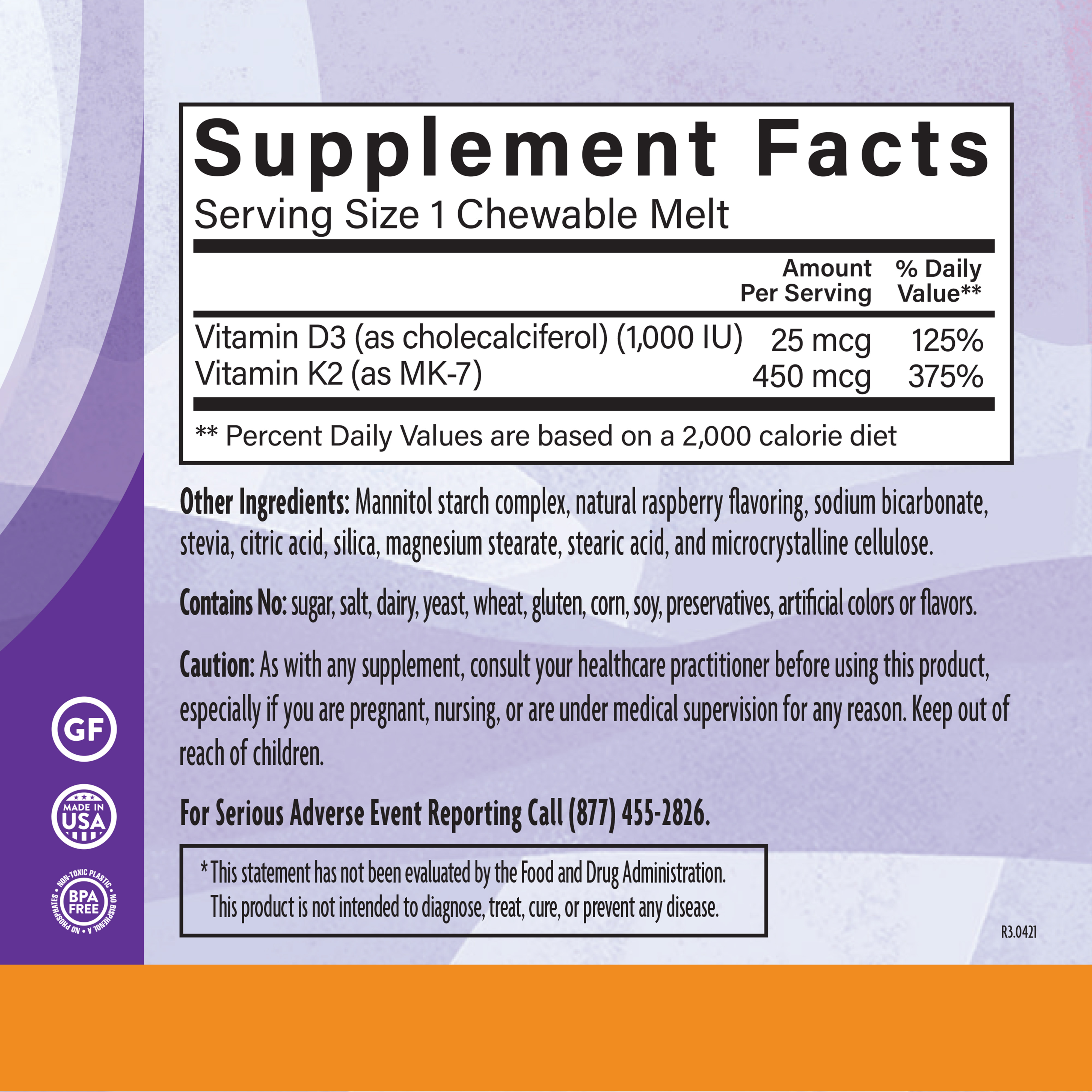 D3 K2 Raspberry 90 Chw Supplement Facts
