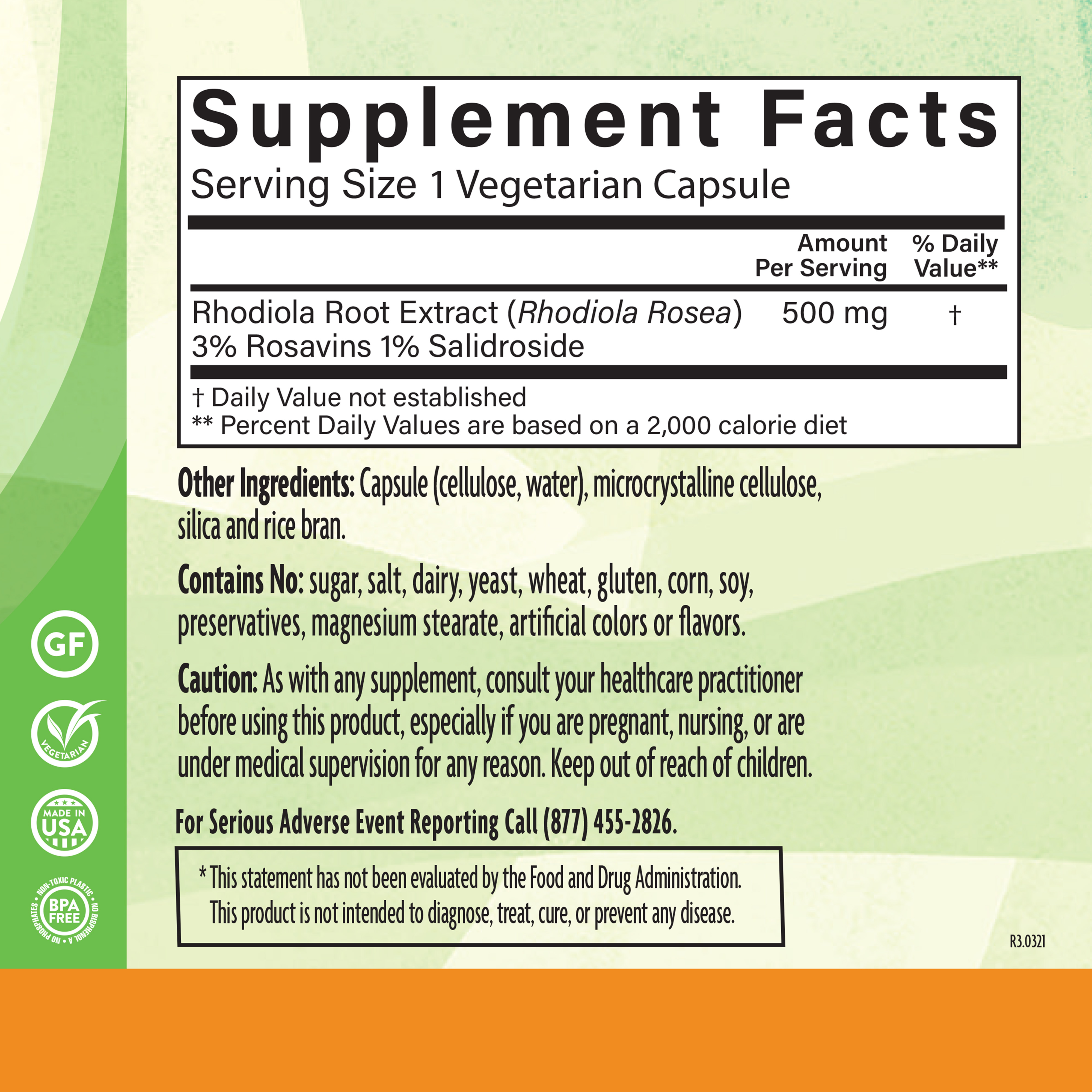 Rhodiola 500 Mg 60 Veg Supplement Facts