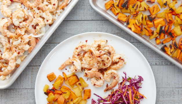 Coconut Lime Shrimp with Roasted Sweet Potatoes and Asian Slaw