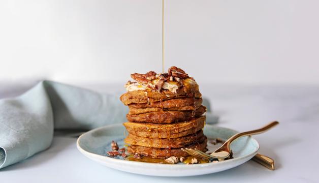 Gluten-Free Pumpkin Spice Pancakes Topped with Maple Pecan Butter