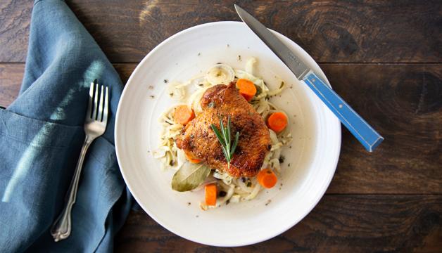 Natural Grocers Cider-Braised Chicken and Cabbage Served with Balsamic Green Beans