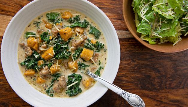 Natural Grocers Creamy Sausage, Kale, and Gnocchi Soup Served with a Simple Salad