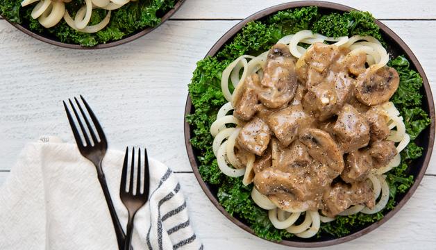 Potato Noodle Beef Stroganoff Served with Greens