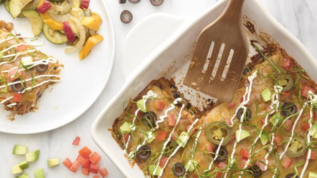 Natural Grocers Vegetarian Enchilada Casserole with Sautéed Onions, Peppers, and Zucchini  