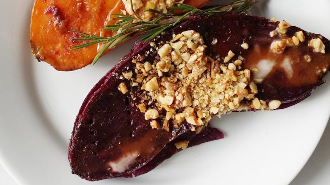 Coconut Maple Glazed Sweet Potatoes with Toasted Walnuts