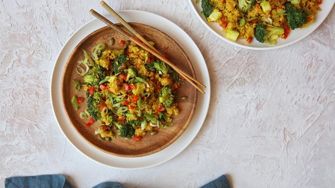 Cheezy Broccoli and Quinoa with Garbanzo Beans