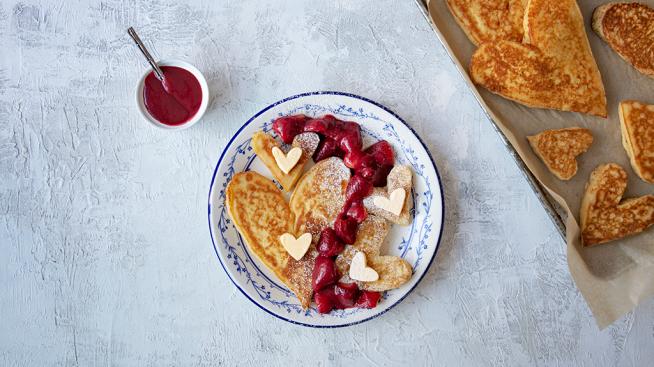 Heart-Shaped Pancakes with Organic Strawberry Purée