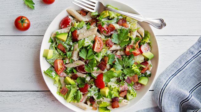 BLT Pasta Salad Served with Avocado and Dairy-Free Ranch Dressing