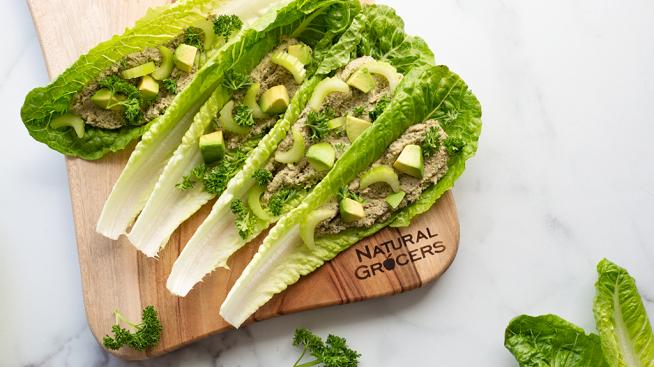 Lemon Artichoke Salmon Salad Served in Crisp Organic Romaine Lettuce Cups   